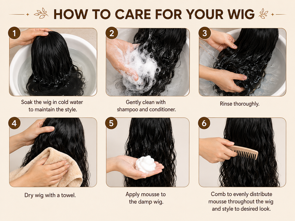 Human hair wig washing and care guide with shampoo, conditioner, mousse and combing steps