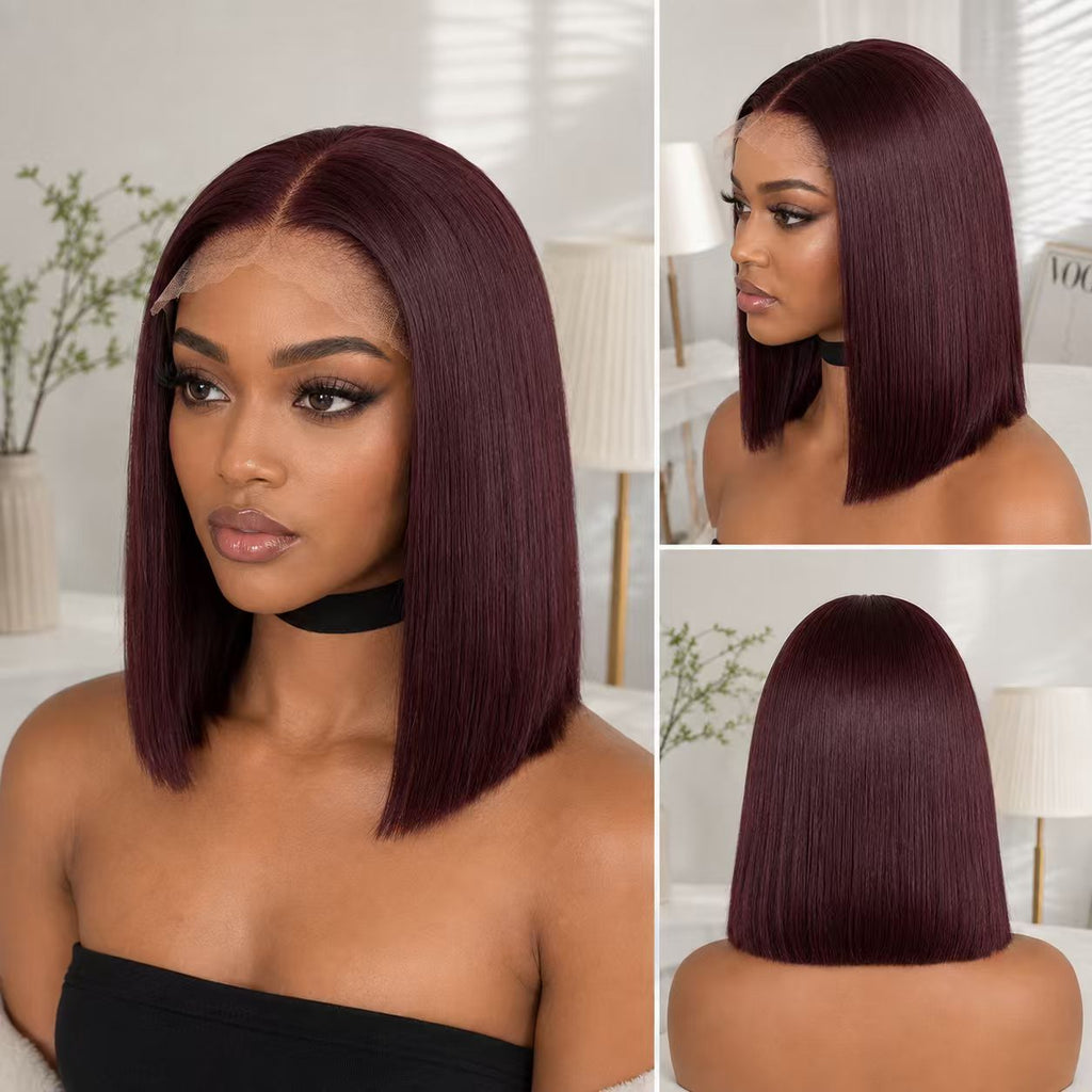 99J 13x4 lace front straight human hair wig shown from front, side and back