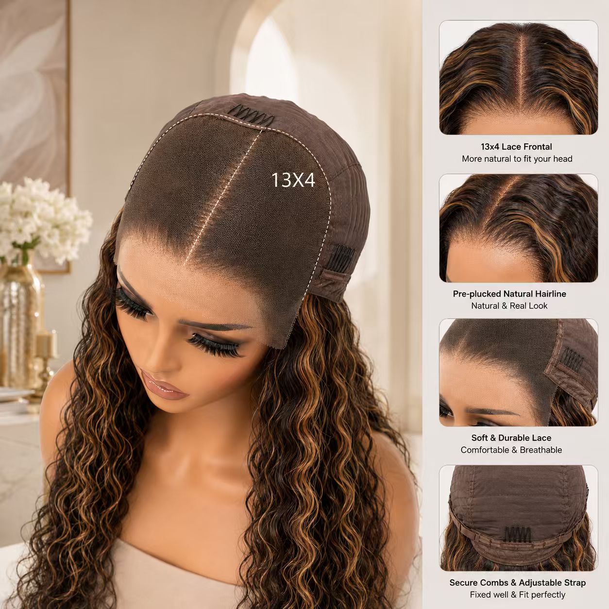 P4/27 13x4 lace front water wave wig cap and lace construction details