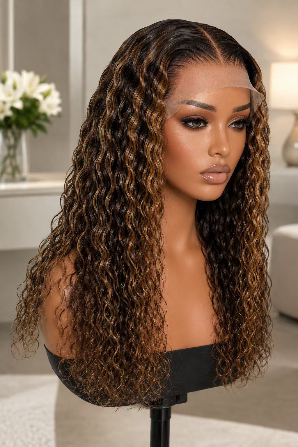 P4/27 13x4 lace front water wave human hair wig on a mannequin, front view