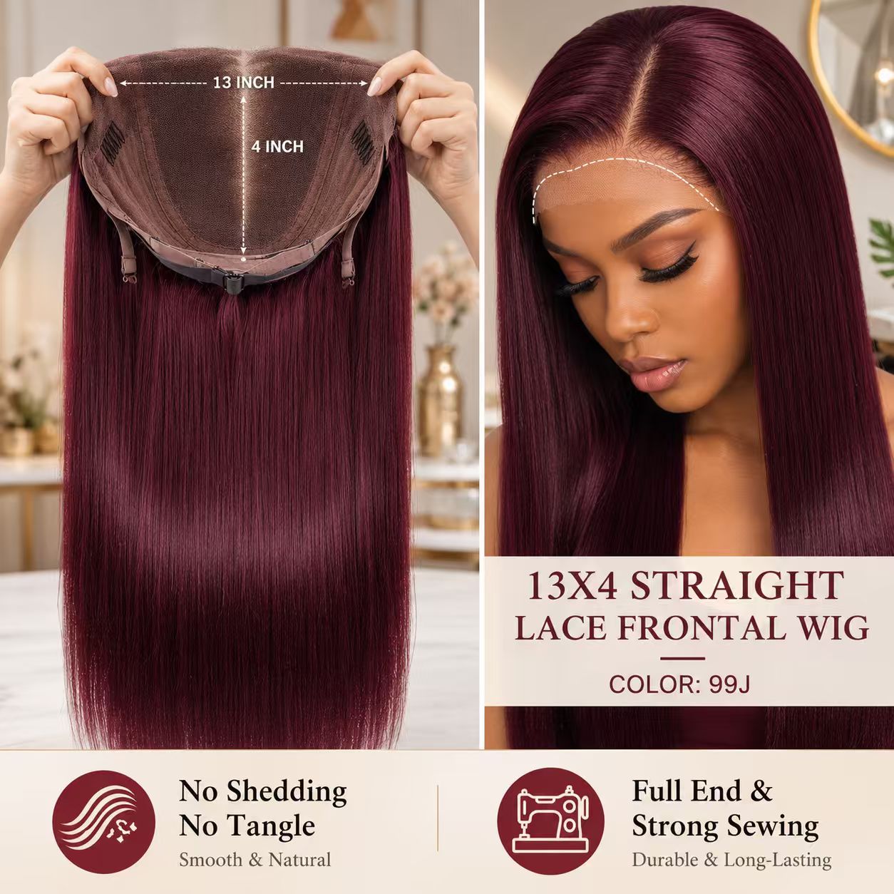 99J 13x4 lace front straight human hair wig and cap construction