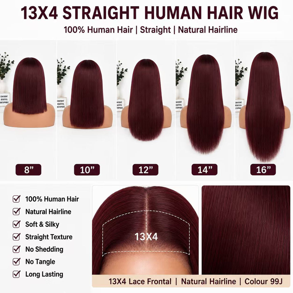 99J 13x4 lace front straight human hair wig length guide from 8 to 16 inches