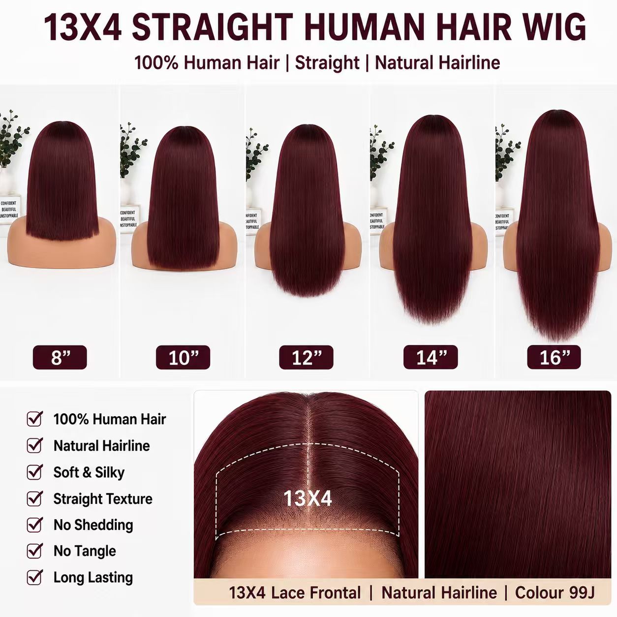 99J 13x4 lace front straight human hair wig length guide from 8 to 16 inches