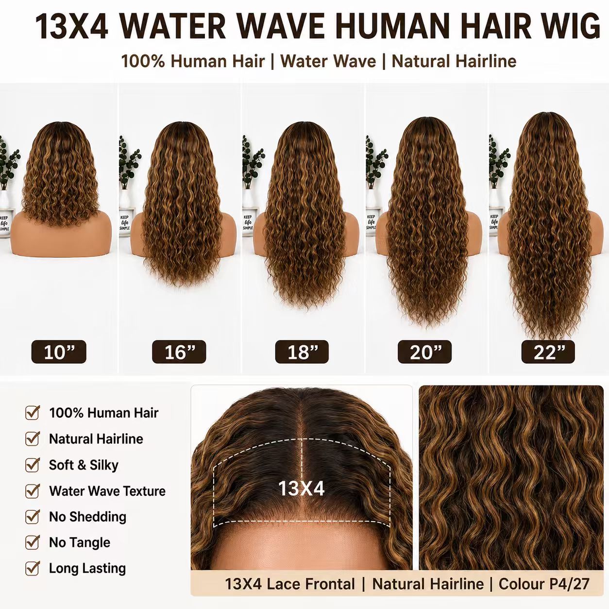 P4/27 13x4 lace front water wave human hair wig length guide from 10 to 22 inches