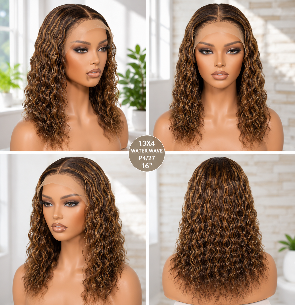 P4/27 13x4 lace front water wave wig shown from front, side and back