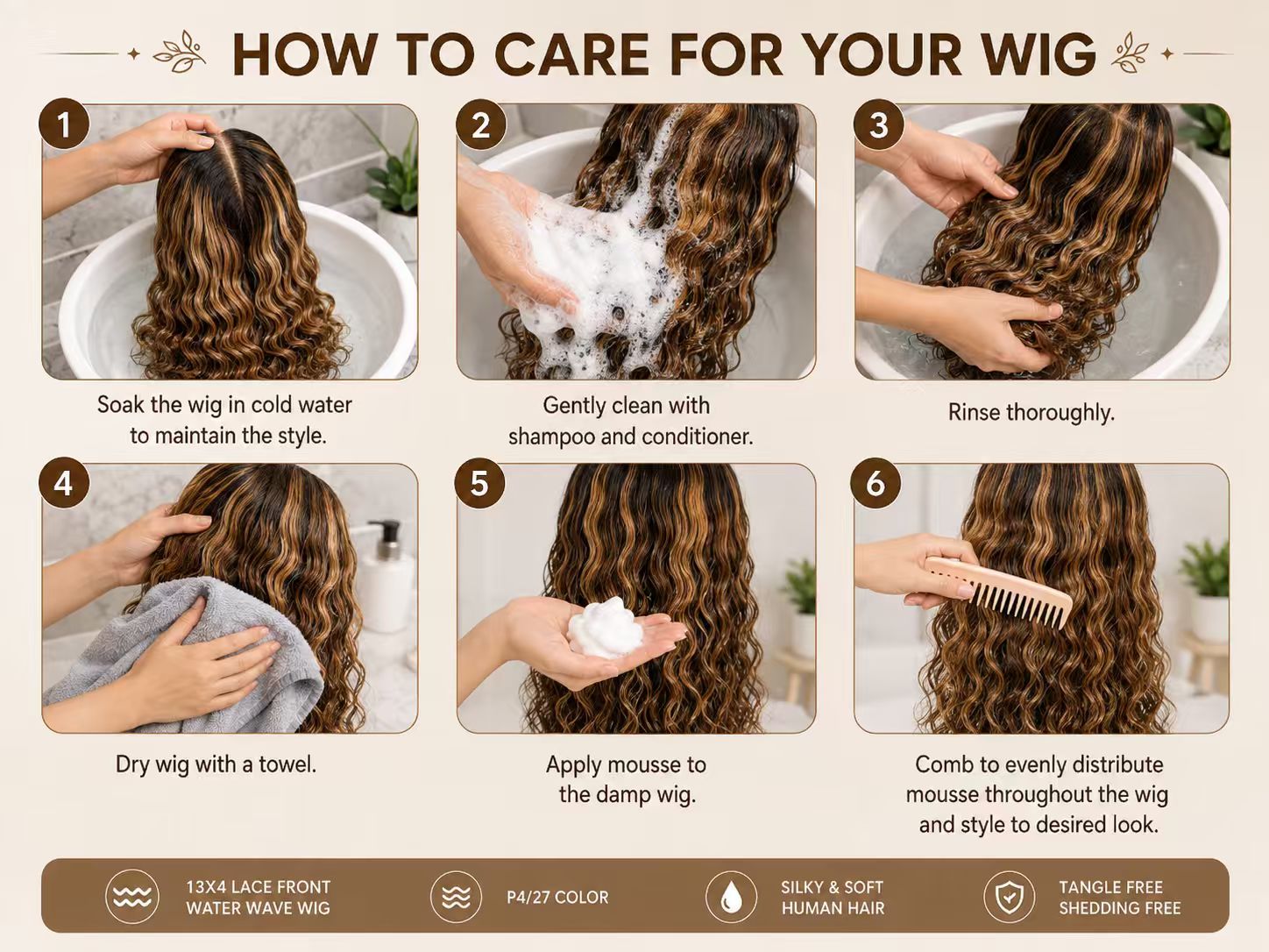 Care instructions for a P4/27 water wave human hair wig