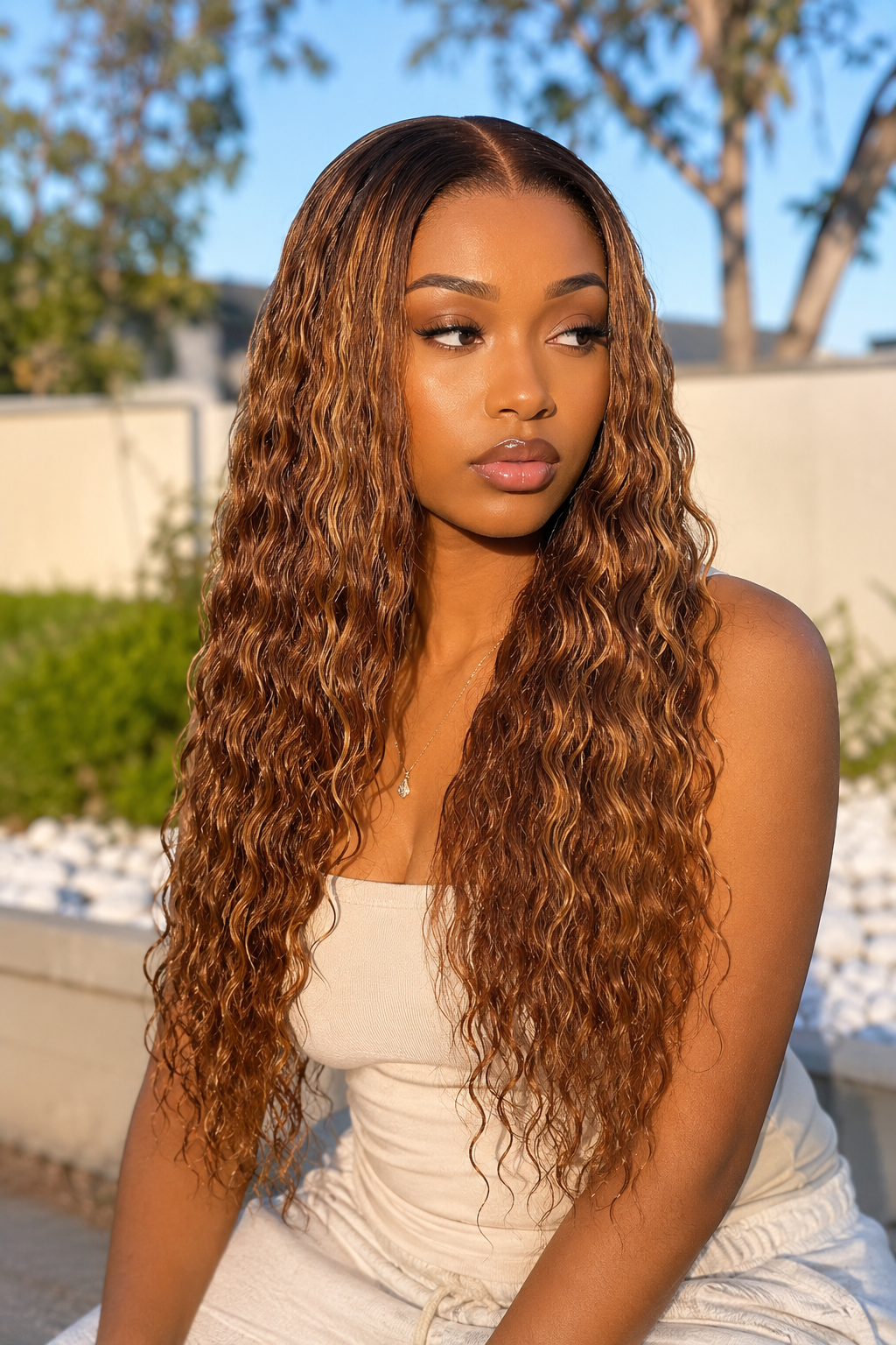 Model wearing a long P4/27 water wave human hair wig outdoors