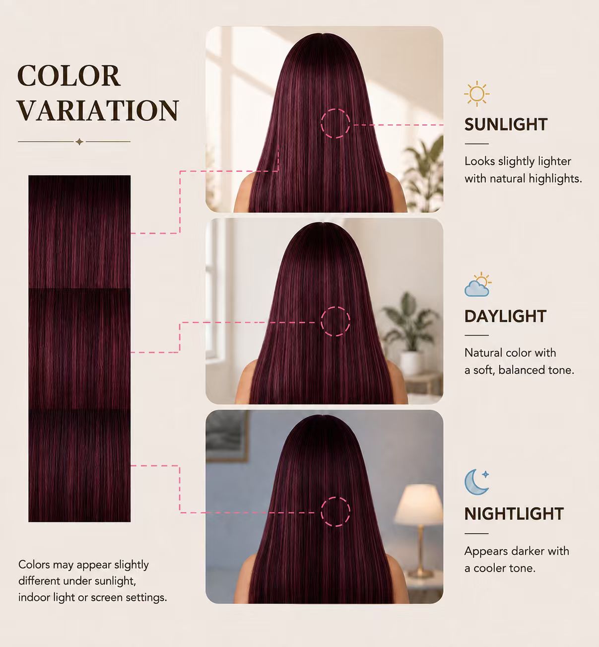 99J straight human hair colour variation under different lighting