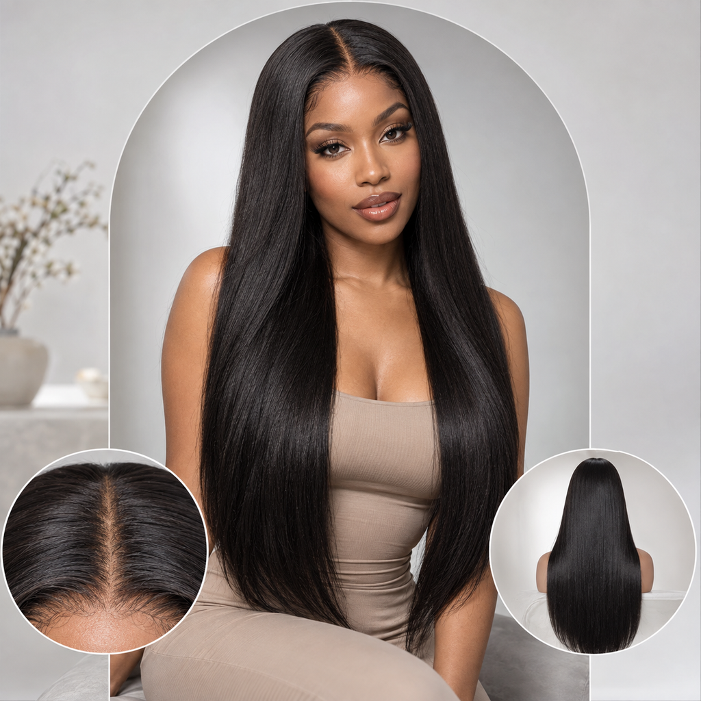 Natural Black Straight 5x5 glueless lace closure wig with model, front and back views