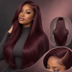 99J Burgundy Straight 13x4 lace front human hair wig with model, back and hairline views
