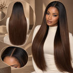T1B/4 Ombre Brown Bone Straight glueless wig with model, back and hairline views