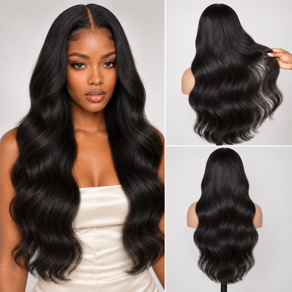Natural Black Body Wave 13x4 glueless lace wig with model, front and back views