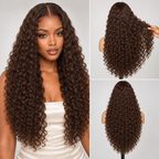 Color #4 Brown Curly 13x4 lace front wig with model, front and back views