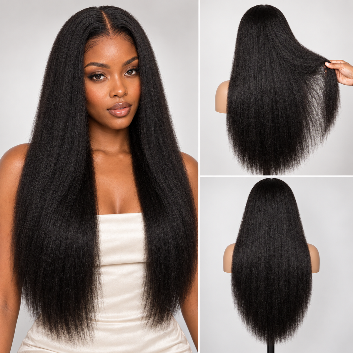 Natural Black Kinky Straight 5x5 glueless lace closure wig with model, front and back views
