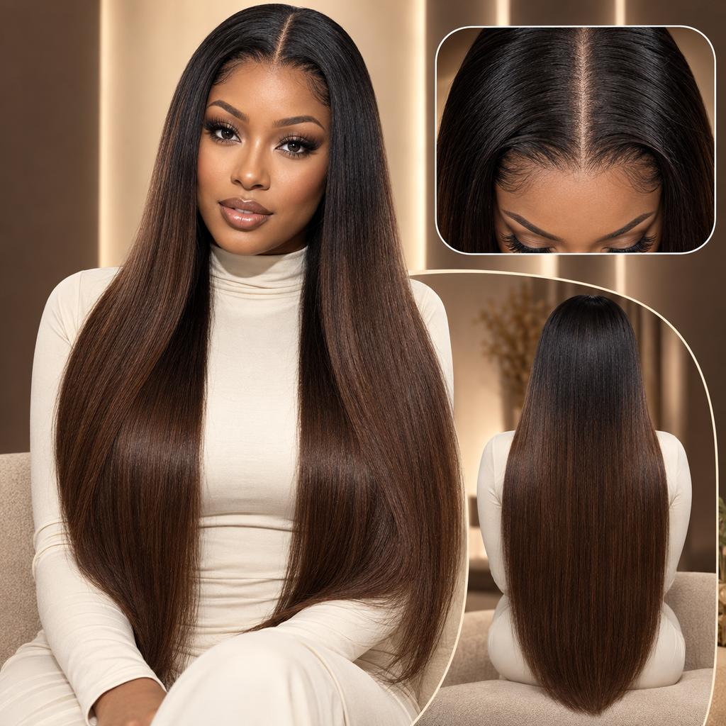 T1B/4 straight human hair wig with 2x6 lace closure