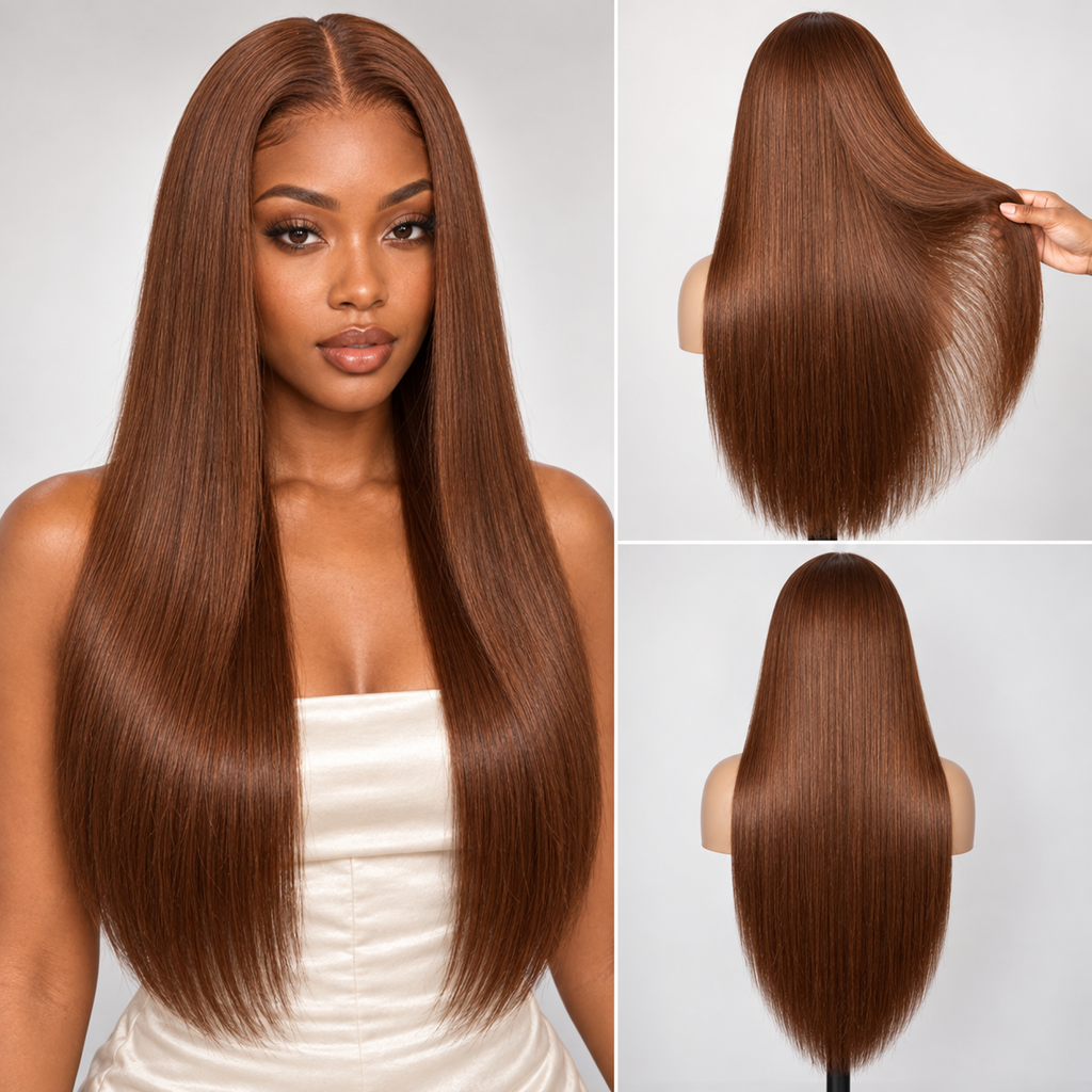 Color #30 Auburn Straight 13x4 lace front wig with model, front and back views