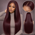 99J Burgundy Bone Straight 13x4 lace front wig with model, back and hairline views