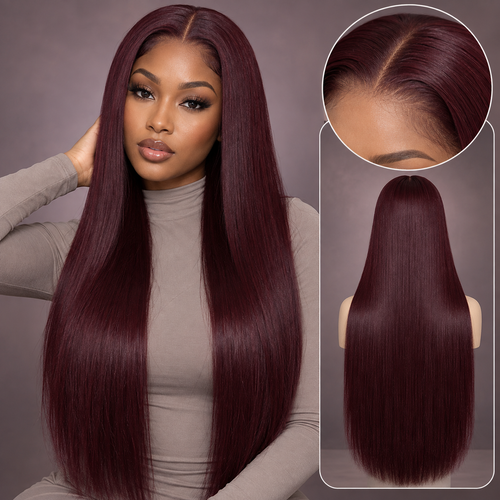 99J Burgundy Bone Straight 13x4 lace front wig with model, back and hairline views