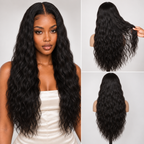 Natural Black Water Wave 13x4 glueless lace wig with model, front and back views
