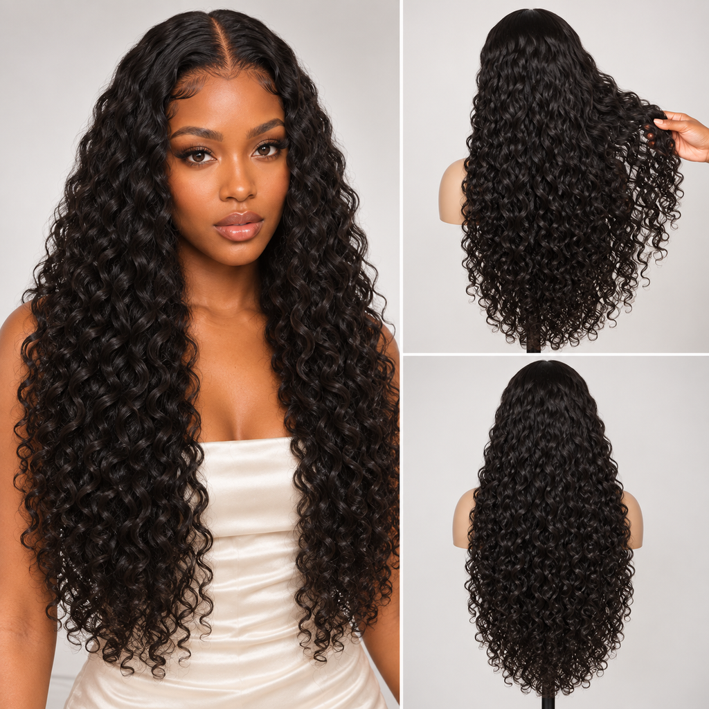 Natural Black Burmese Curly 13x4 lace front wig with model, front and back views