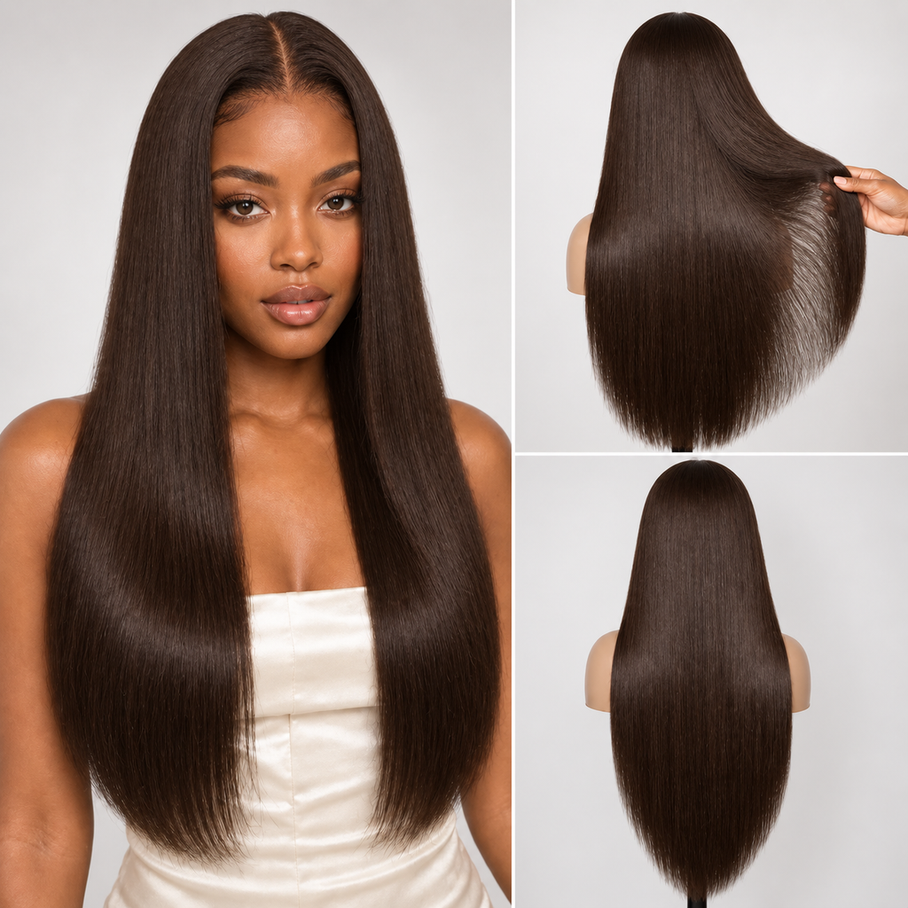 Color #4 Brown Straight 13x4 lace front wig with model, front and back views
