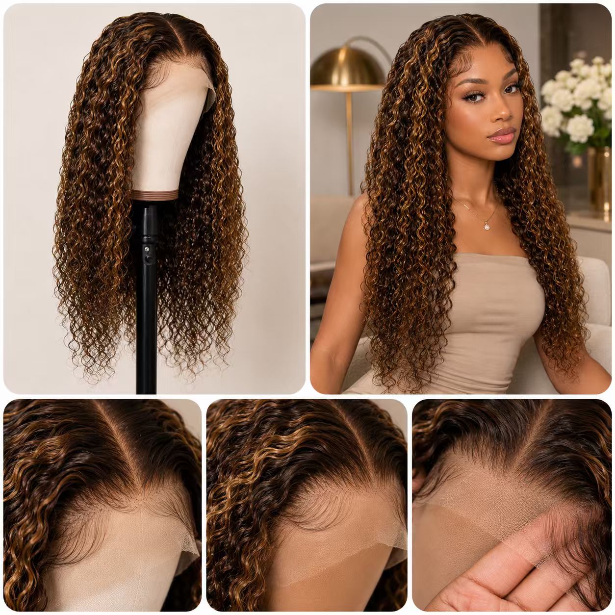 P4/27 highlighted 13x4 lace frontal water wave human hair wig – model and lace details