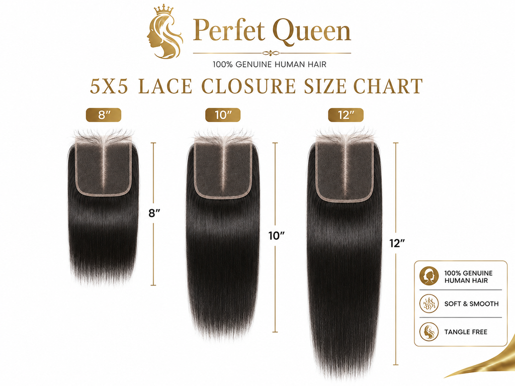Perfect Queen 5x5 straight human hair lace closure length chart from 8 to 12 inches