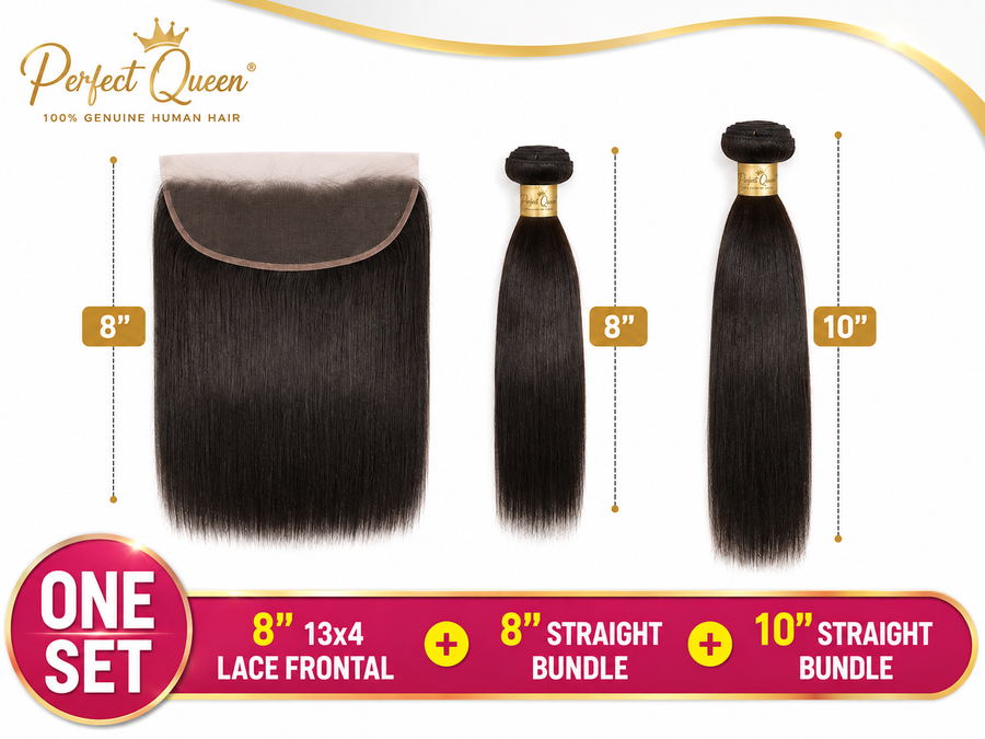 Perfect Queen 13x4 Straight Lace Frontal with 2 Straight Human Hair Bundles – 3PCS Set