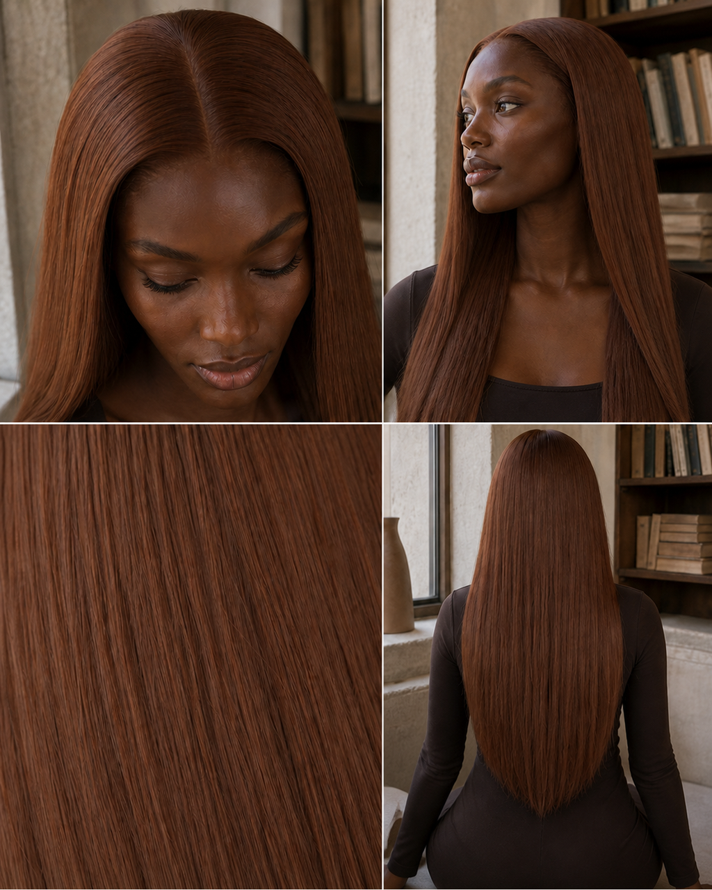 Color #30 medium-auburn straight wig hairline, parting, hair texture and back-view detail collage | Perfect Queen South Africa