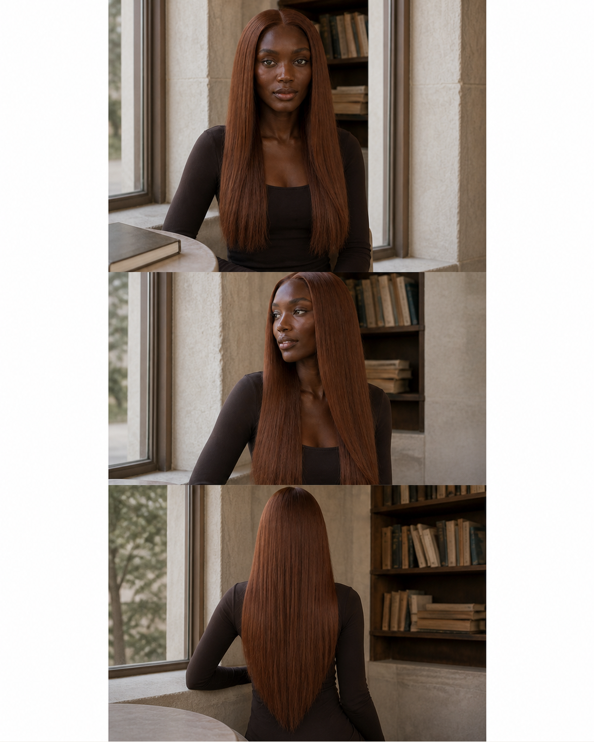 Color #30 medium-auburn straight human hair wig shown from front, side and back | Perfect Queen South Africa
