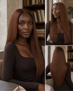 Model wearing a Color #30 medium-auburn straight human hair wig in a low-saturation lifestyle collage | Perfect Queen South Africa