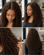 Color #4 medium-brown curly wig hairline, parting, curl texture and back-view detail collage | Perfect Queen South Africa