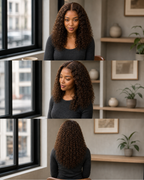 Color #4 medium-brown curly human hair wig shown from front, side and back | Perfect Queen South Africa