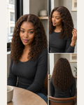 Model wearing a Color #4 medium-brown curly human hair wig in a low-saturation lifestyle collage | Perfect Queen South Africa