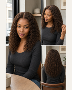 Model wearing a Color #4 medium-brown curly human hair wig in a low-saturation lifestyle collage | Perfect Queen South Africa