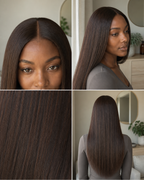 Color #4 medium-brown straight wig hairline, parting, hair texture and back-view detail collage | Perfect Queen South Africa