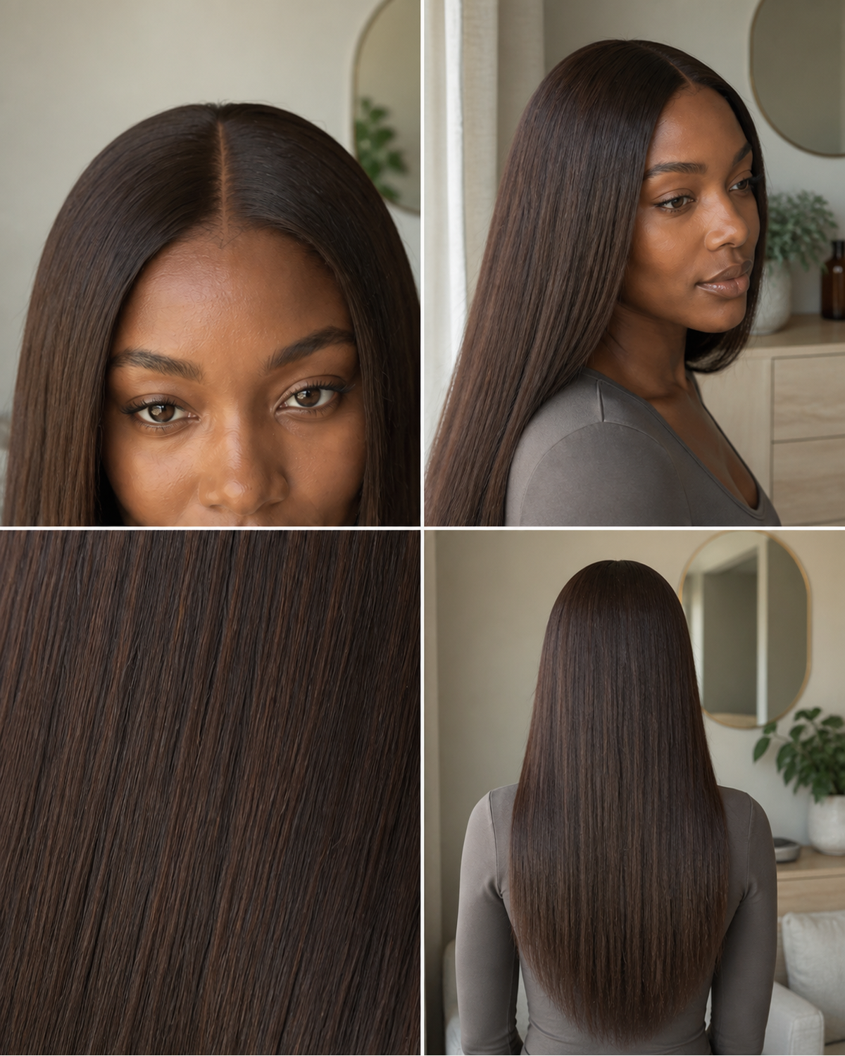 Color #4 medium-brown straight wig hairline, parting, hair texture and back-view detail collage | Perfect Queen South Africa