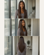 Color #4 medium-brown straight human hair wig shown from front, side and back | Perfect Queen South Africa