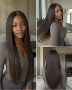 Model wearing a Color #4 medium-brown straight human hair wig in a low-saturation lifestyle collage | Perfect Queen South Africa