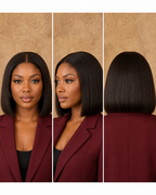 Front, side and back views of a natural black bob human hair wig