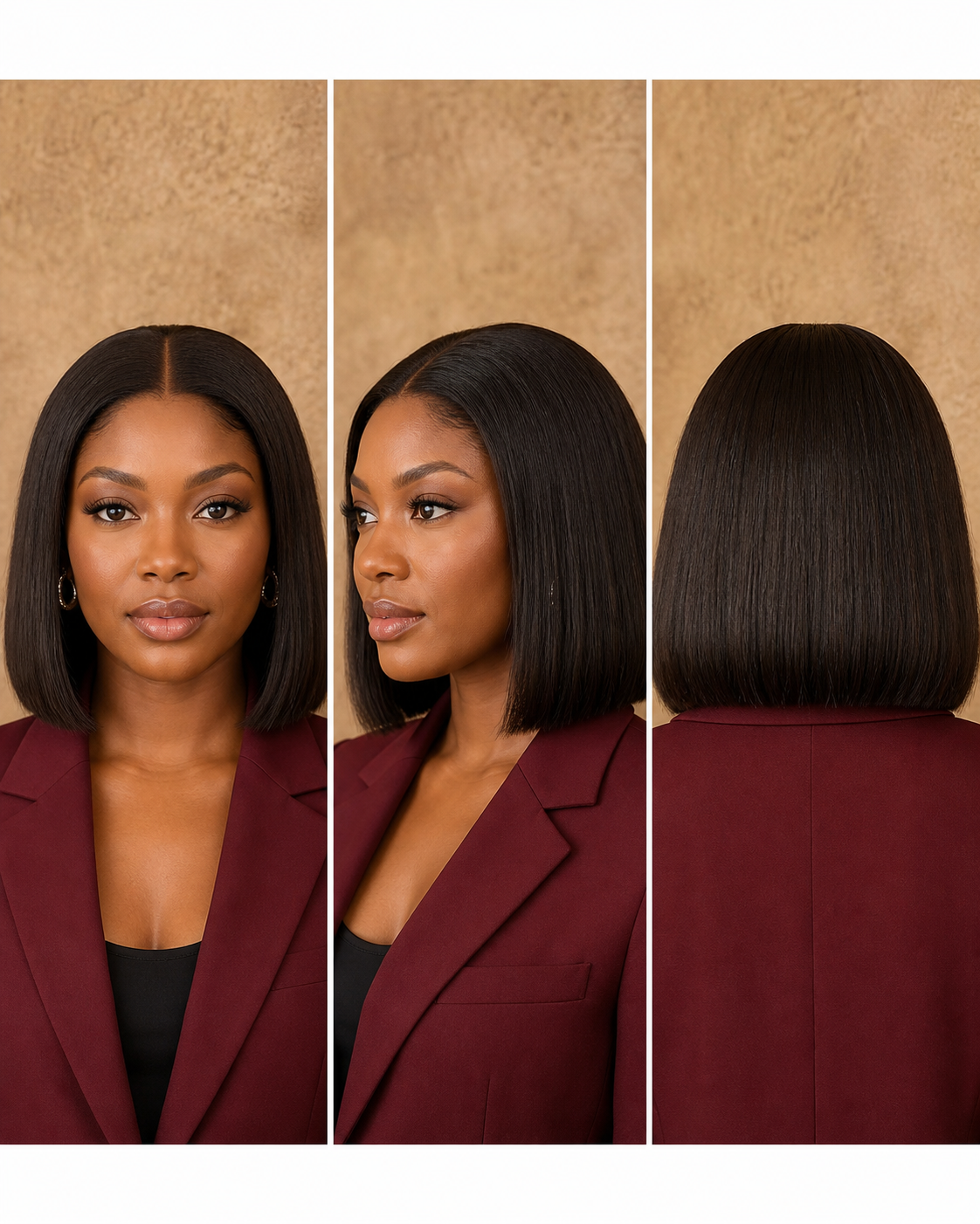 Front, side and back views of a natural black bob human hair wig