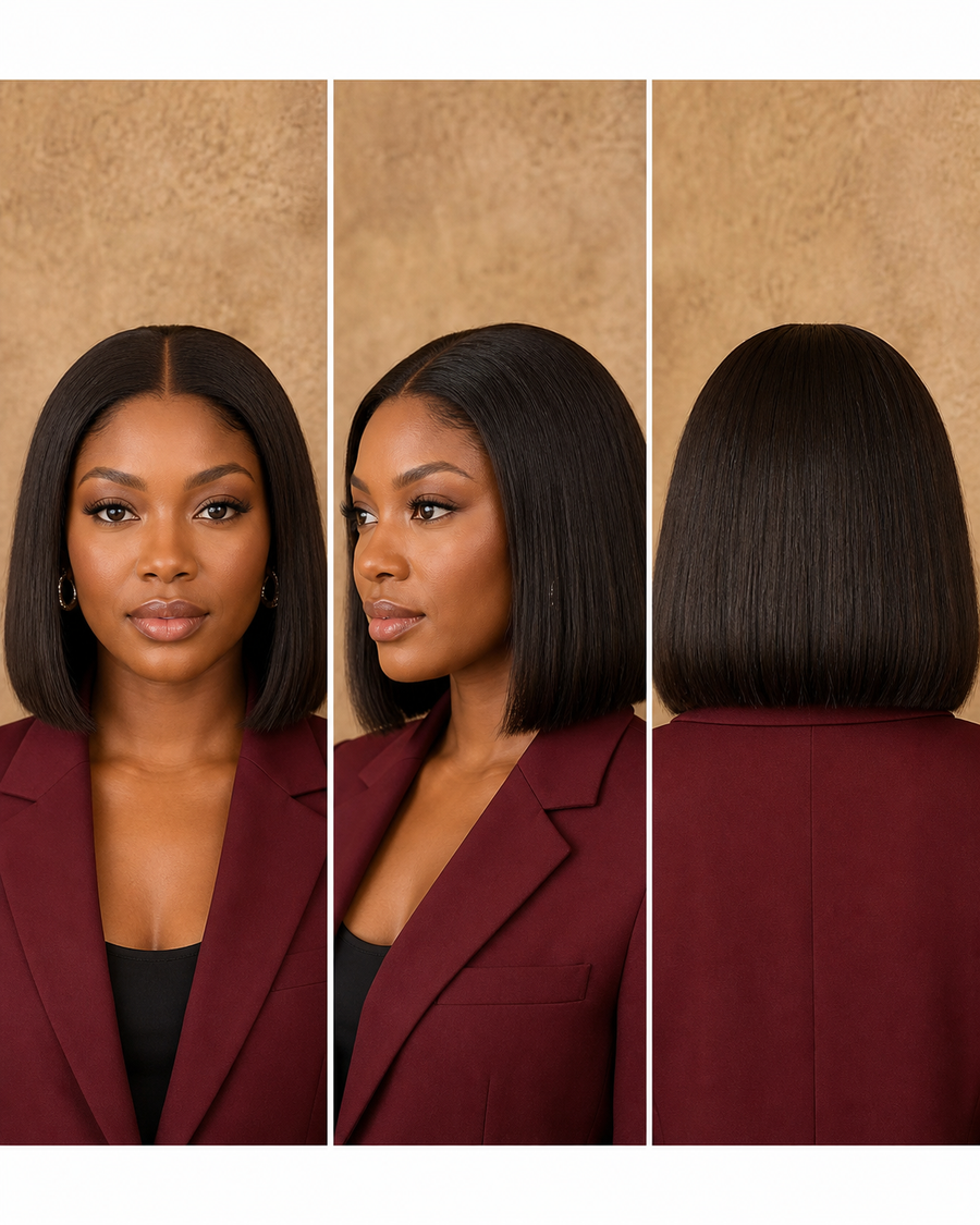 Front, side and back views of a natural black bob human hair wig