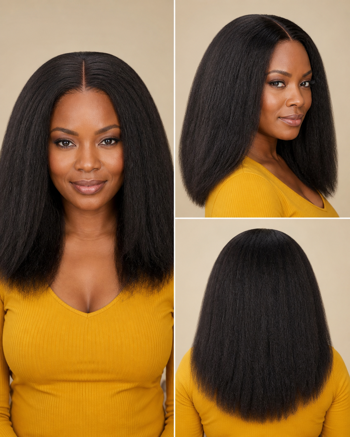 Front, side and back views of a natural black kinky straight human hair wig