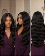 Front, side and back views of a natural black body wave human hair wig