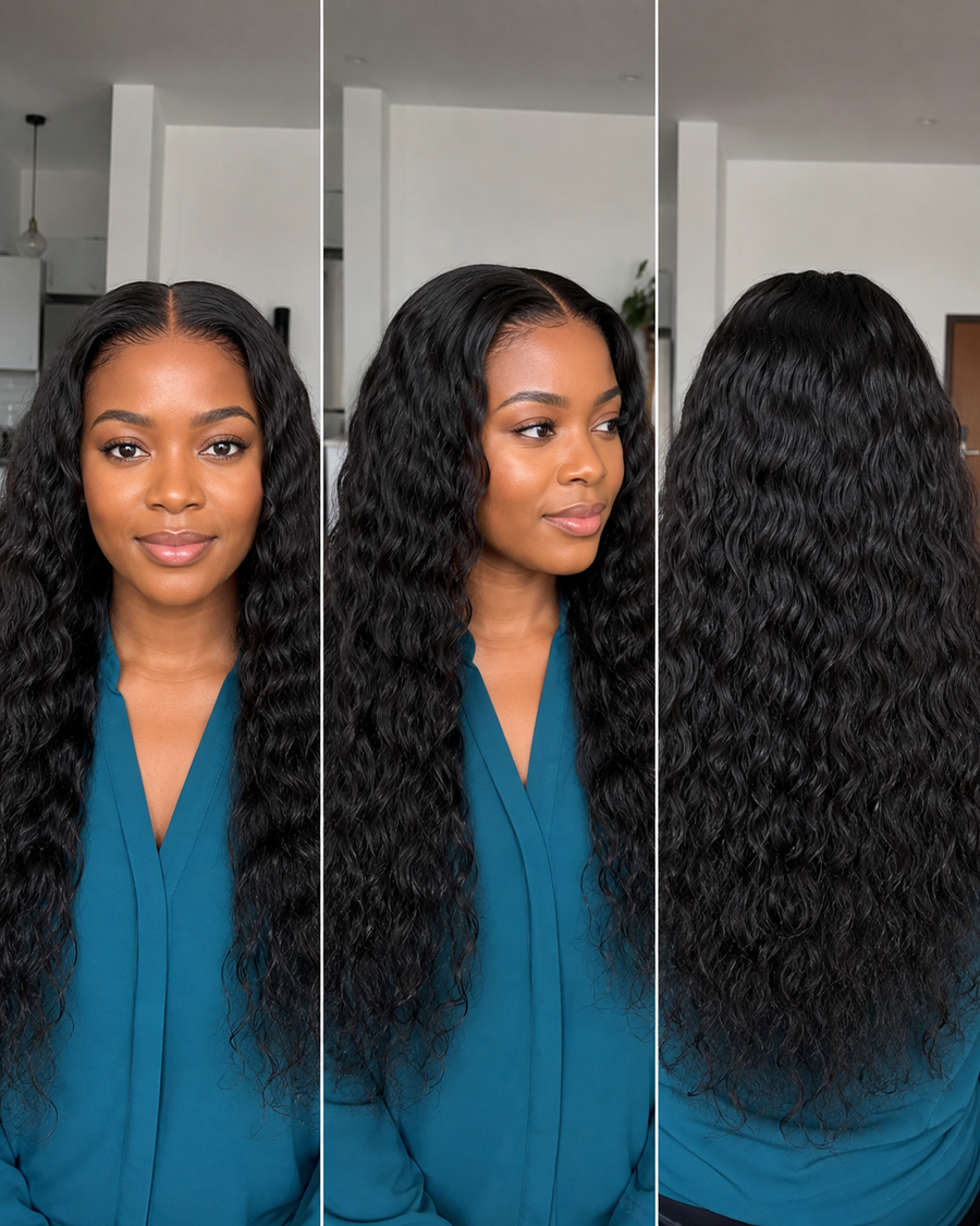 Front, side and back views of a natural black water wave human hair wig