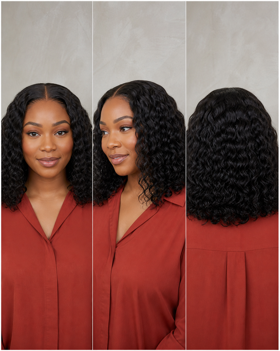 Front, side and back views of a natural black deep wave human hair wig