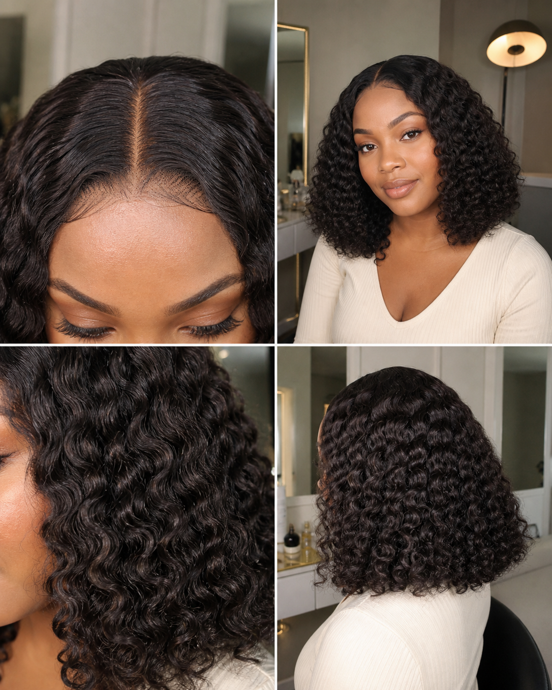 Hairline, deep wave texture and length details of a natural black human hair wig