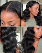 Hairline, body wave texture and length details of a natural black human hair wig
