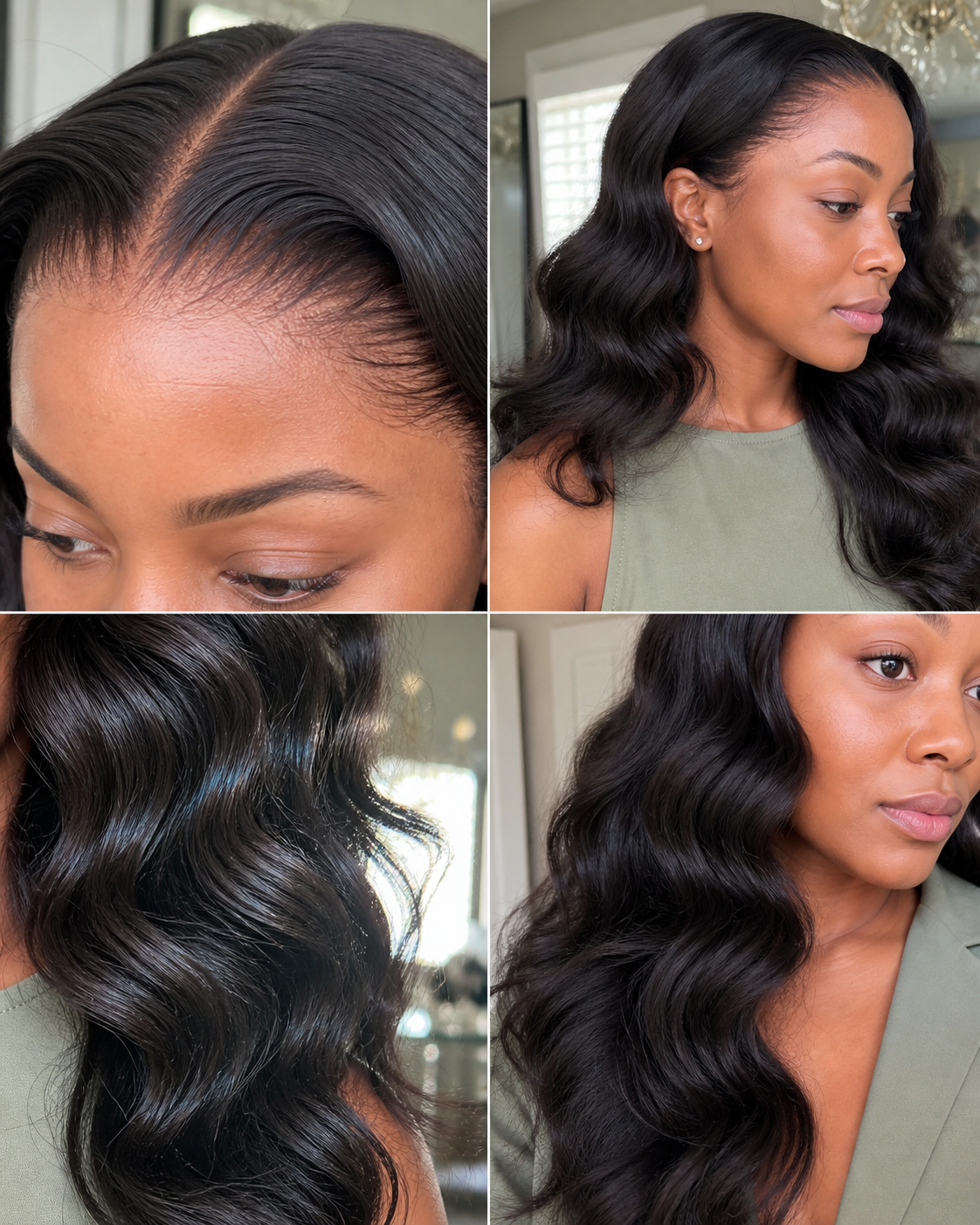 Hairline, body wave texture and length details of a natural black human hair wig
