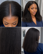 Hairline, kinky straight texture and length details of a natural black human hair wig